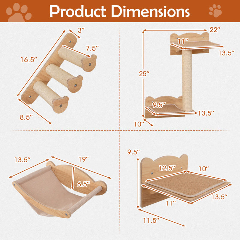 Cat Wall Furniture Set of 4 with Hammock 2-Step Cat Tree and Perch