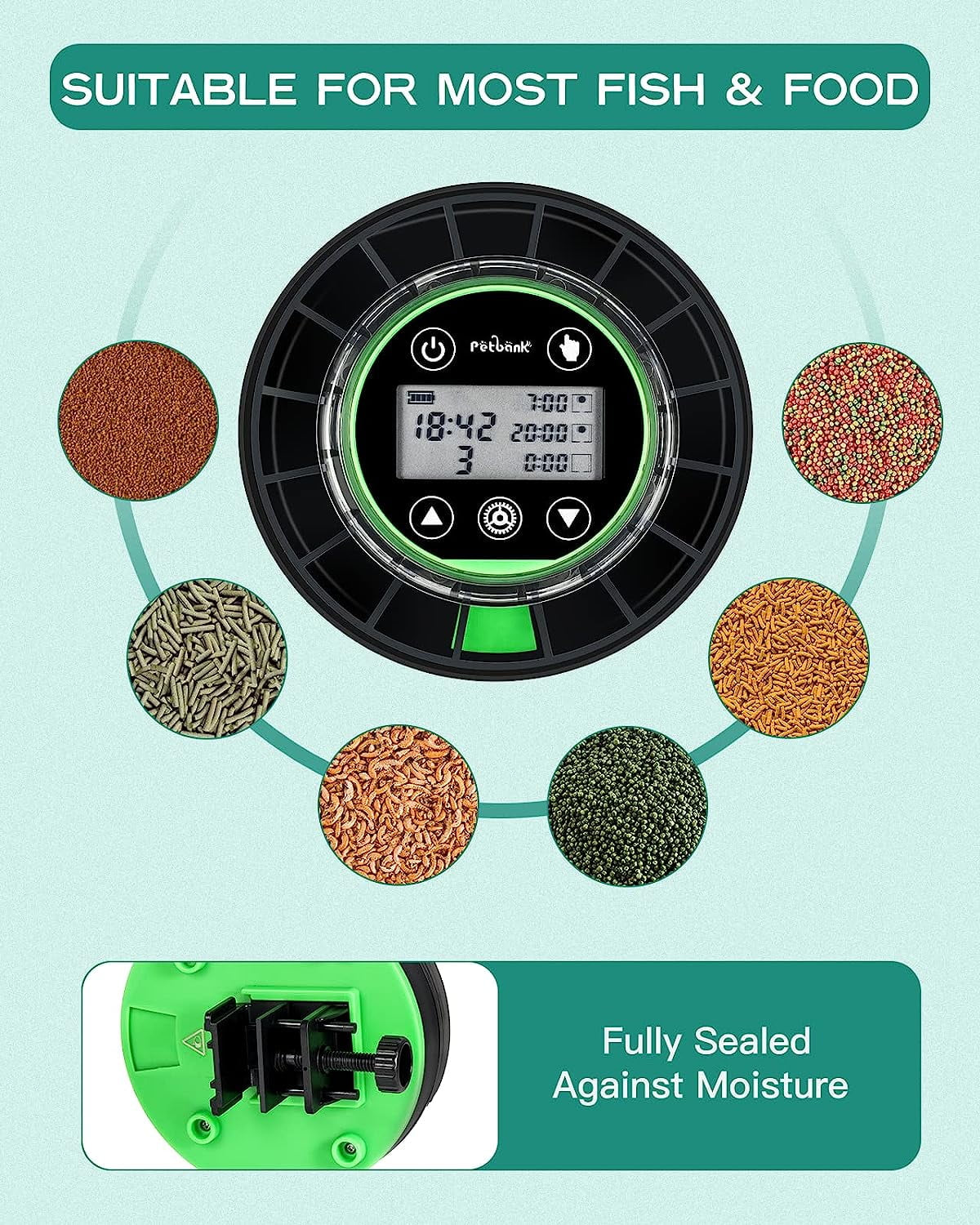 Automatic Fish Feeder for Aquarium, Rechargeable Fish Food Feeder Automatic Dispenser with Timer, Precise Feeding Auto Fish Feeder for Vacation, LCD Display