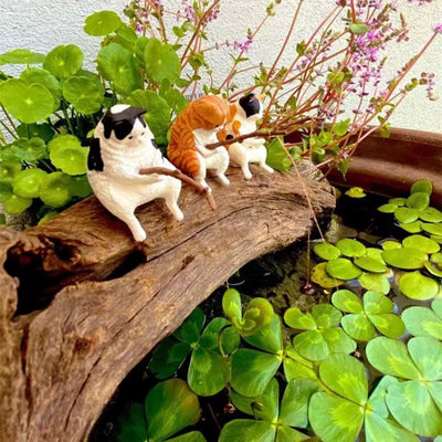 Fishing Cat Ornaments Aquarium Decoration Fish Landscaping Cartoon Cat Statue Mini Resin Figurine Home Decorations