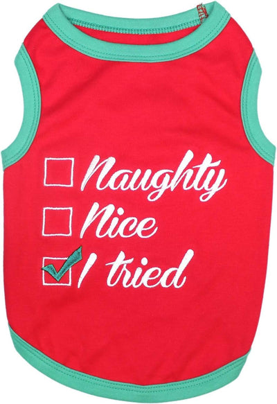 Embroidered 'Naughty or Nice' Dog Shirt - Lightweight Cotton, Sleeveless, Funny Christmas Dog Clothes - XXL