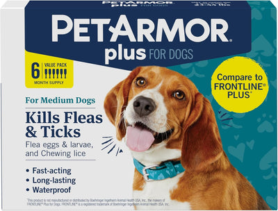 plus Flea and Tick Prevention for Dogs, Dog Flea and Tick Treatment, 6 Doses, Waterproof Topical, Fast Acting, Medium Dogs (23-44 Lbs)