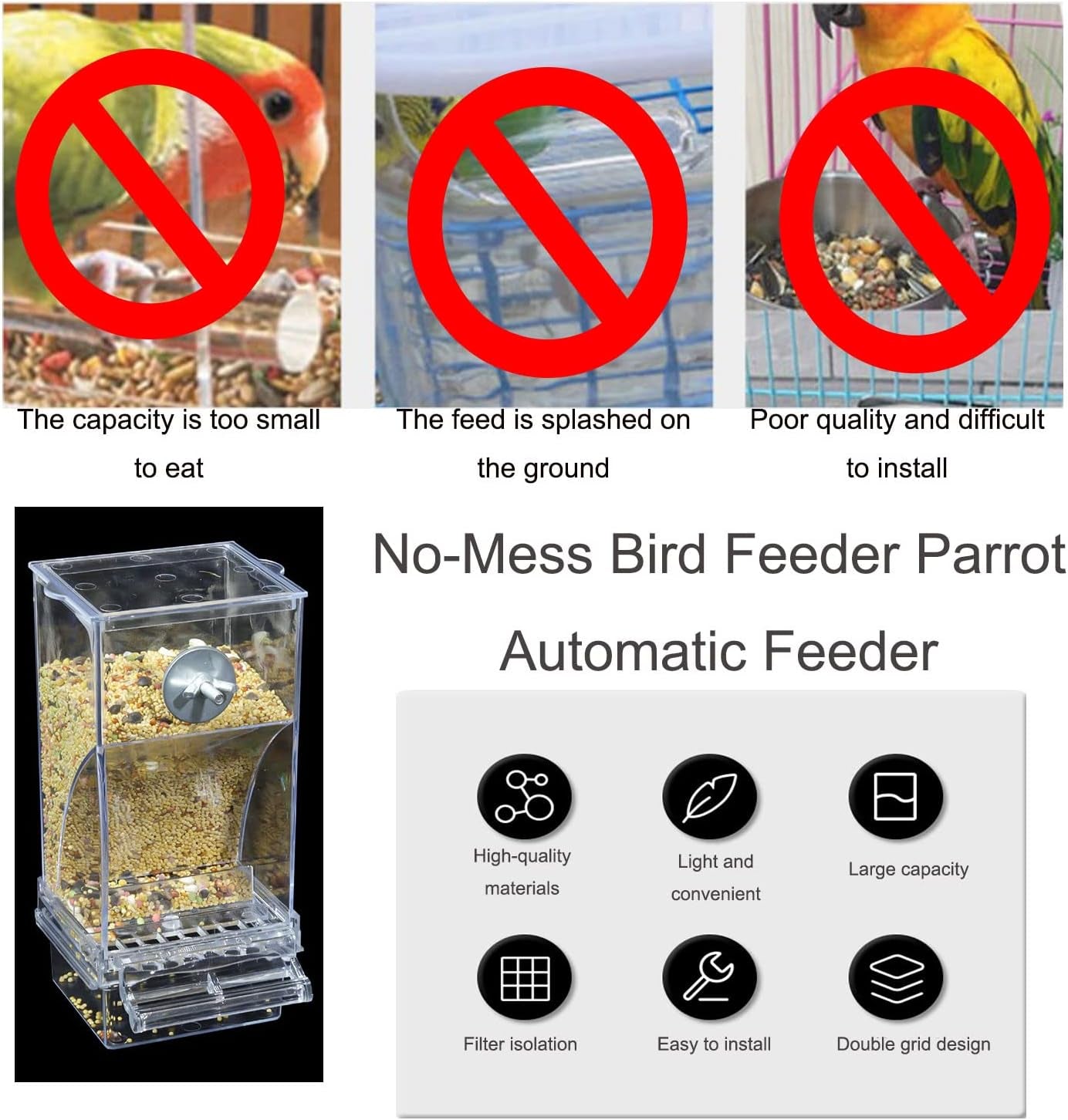 No Mess Bird Cage Feeder Automatic Acrylic Parrot Feeder Bird Cage Accessories for Parakeets Canary Cockatiel Finch (Transparent)