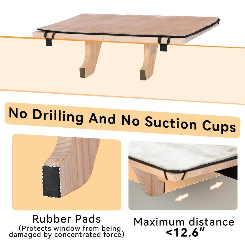 [Cozy Cat Hammock] PETSFIT Window Seat with Wood Base & Soft Mat | Supports Large Cats | Fits Windowsill/Bedside/Drawer