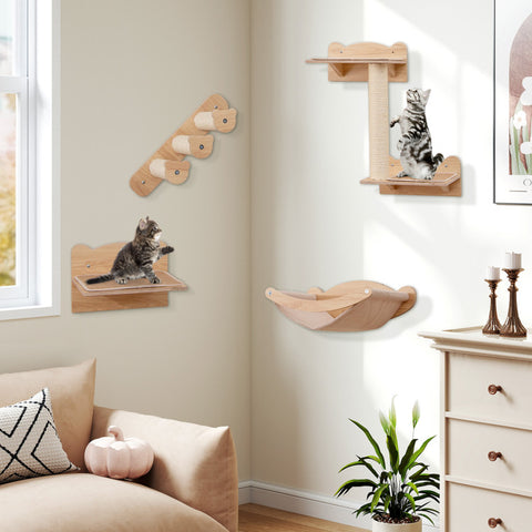 Cat Wall Furniture Set of 4 with Hammock 2-Step Cat Tree and Perch