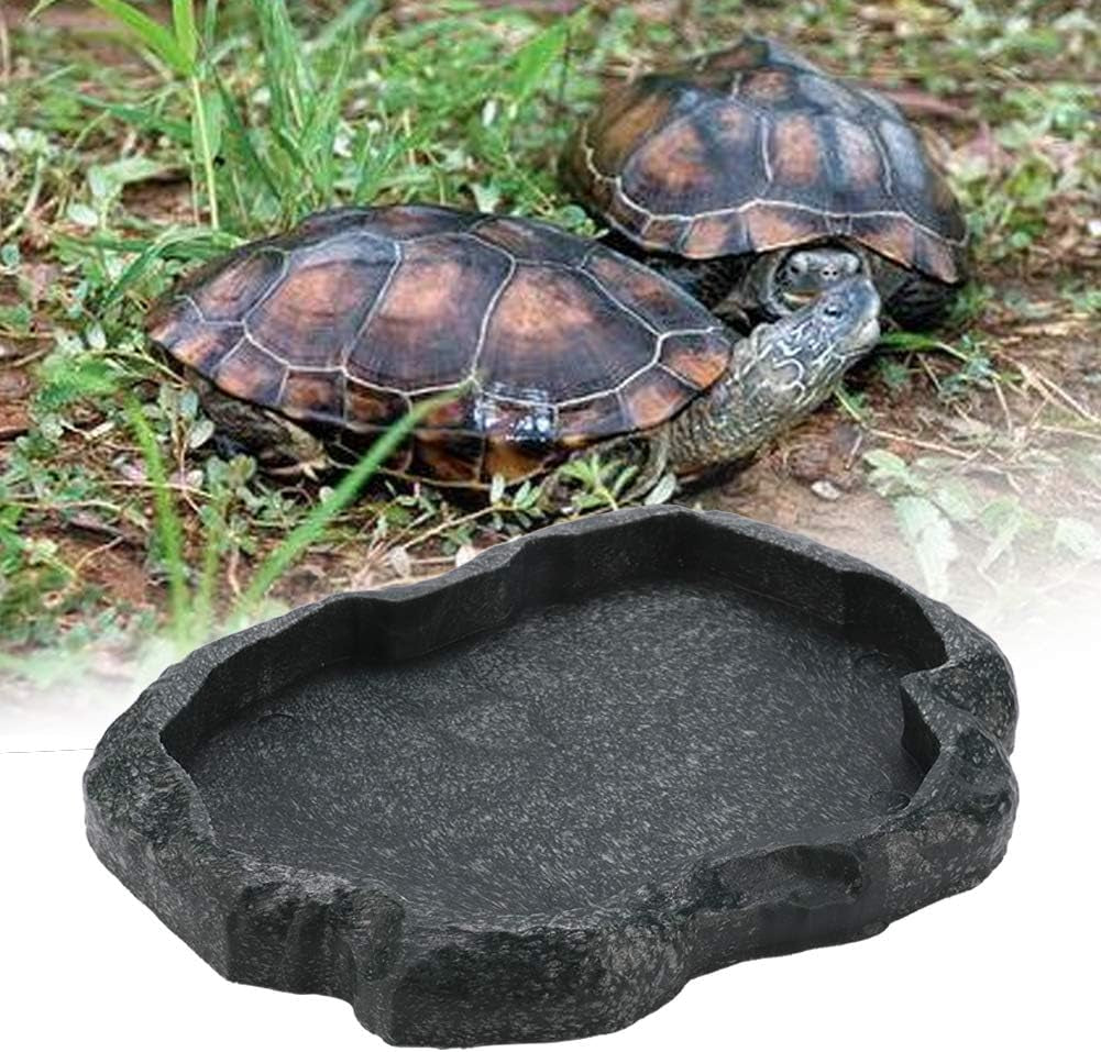 Reptile Bowl, Resin Rock Reptile Food and Water Feeder Pet Aquarium Ornament Terrarium Dish Plate for Tortoise Lizard Iguana(Dark Green S)