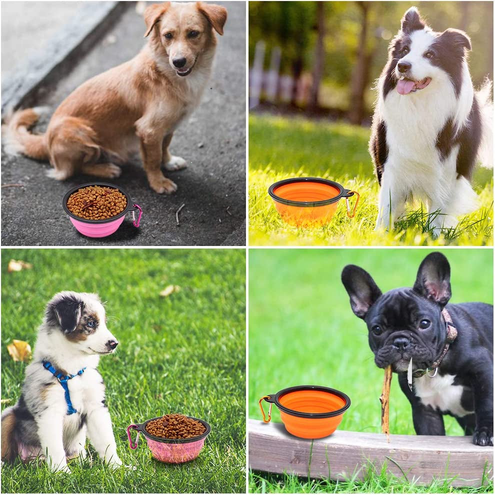 Dog Bowl Pet Collapsible Bowls, 2 Pack Collapsible Dog Water Bowls for Cats Dogs, Portable Pet Feeding Watering Dish for Walking Parking Traveling with 2 Carabiners (Small, Orange+Pink)