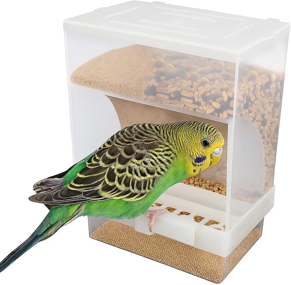 No Mess Bird Feeder for Cage, Automatic Acrylic Seed Container with Large Hook, Install-Free Parrot Feeder for Budgerigar, Canary, Cockatiel, Parakeet, Finch