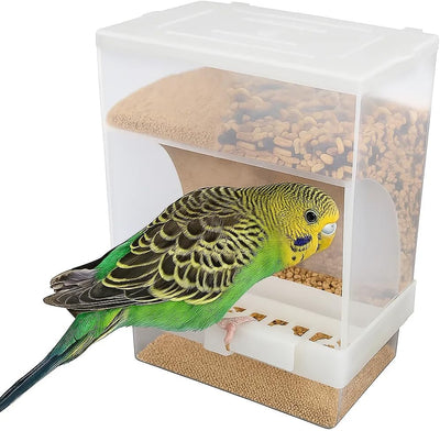 No Mess Bird Feeder for Cage, Automatic Acrylic Seed Container with Large Hook, Install-Free Parrot Feeder for Budgerigar, Canary, Cockatiel, Parakeet, Finch