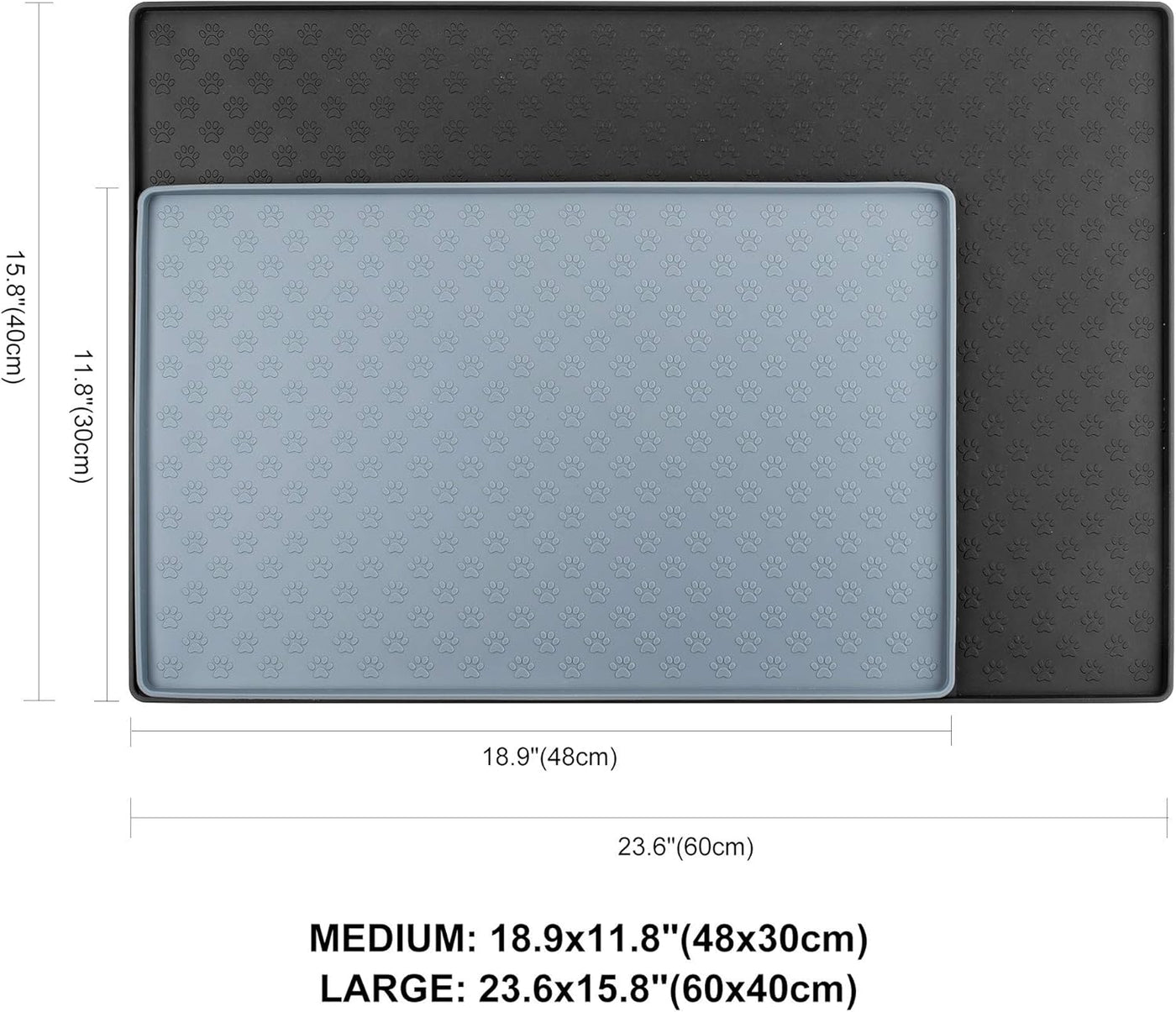 Cat & Dog Food Mat, Sillicone Waterproof Pet Bowl Placement Tray to Stop Food Spills and Water Messes Out to Floor (M: 18.9X11.8In, Grey)