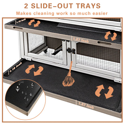 36"L Rabbit Hutch Indoor Wooden 2 Story Bunny Hutch Rabbit Cage Outdoor Bunny Cage on 4 Metal Wheels and 2 Deeper Pull Out Trays,Ramp,Guinea Pig Pet House for Small to Medium Animals,Grey