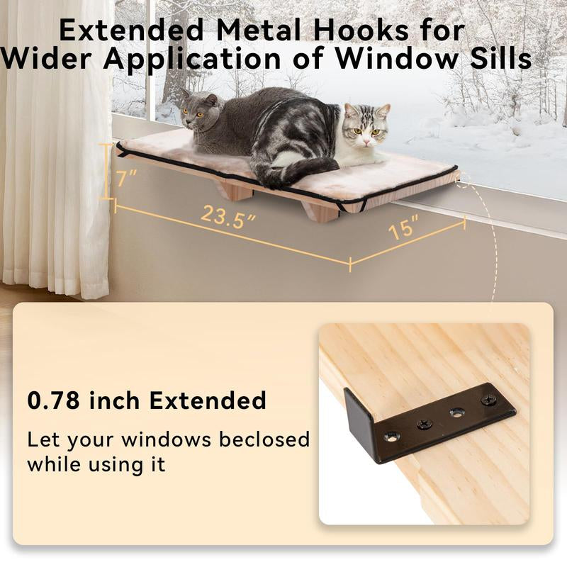 [Cozy Cat Hammock] PETSFIT Window Seat with Wood Base & Soft Mat | Supports Large Cats | Fits Windowsill/Bedside/Drawer