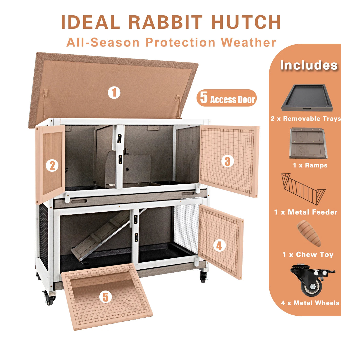 36"L Rabbit Hutch Indoor Wooden 2 Story Bunny Hutch Rabbit Cage Outdoor Bunny Cage on 4 Metal Wheels and 2 Deeper Pull Out Trays,Ramp,Guinea Pig Pet House for Small to Medium Animals,Grey