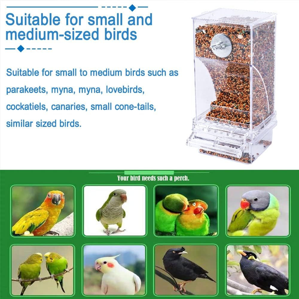 No Mess Bird Cage Feeder 2Pack Automatic Parrot Seed Feeders with Perch Acrylic Transparent Seed Food Container Cage Accessories for Small and Medium Lovebirds Parakeets