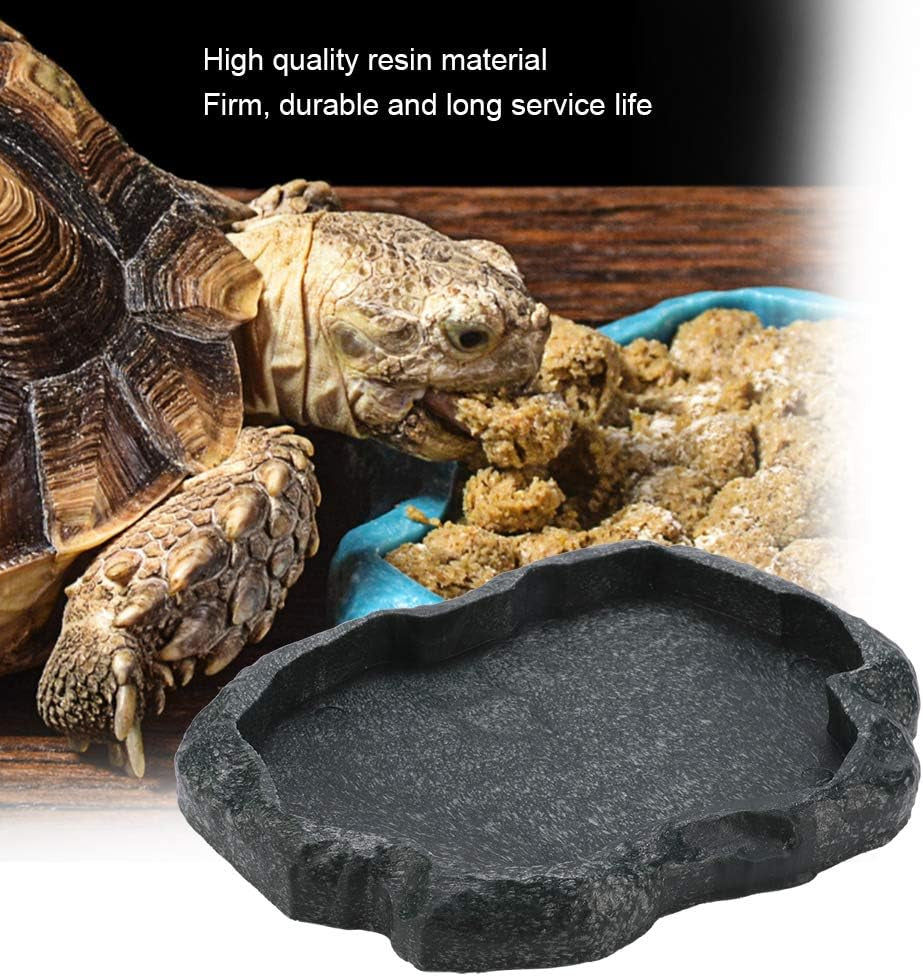 Reptile Bowl, Resin Rock Reptile Food and Water Feeder Pet Aquarium Ornament Terrarium Dish Plate for Tortoise Lizard Iguana(Dark Green S)