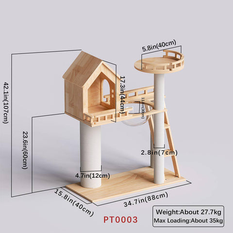 Cat Castle,Luxury Cat Furniture,Rubberwood Cat Tree, Cat Tower 34.6''*15.7''*42''
