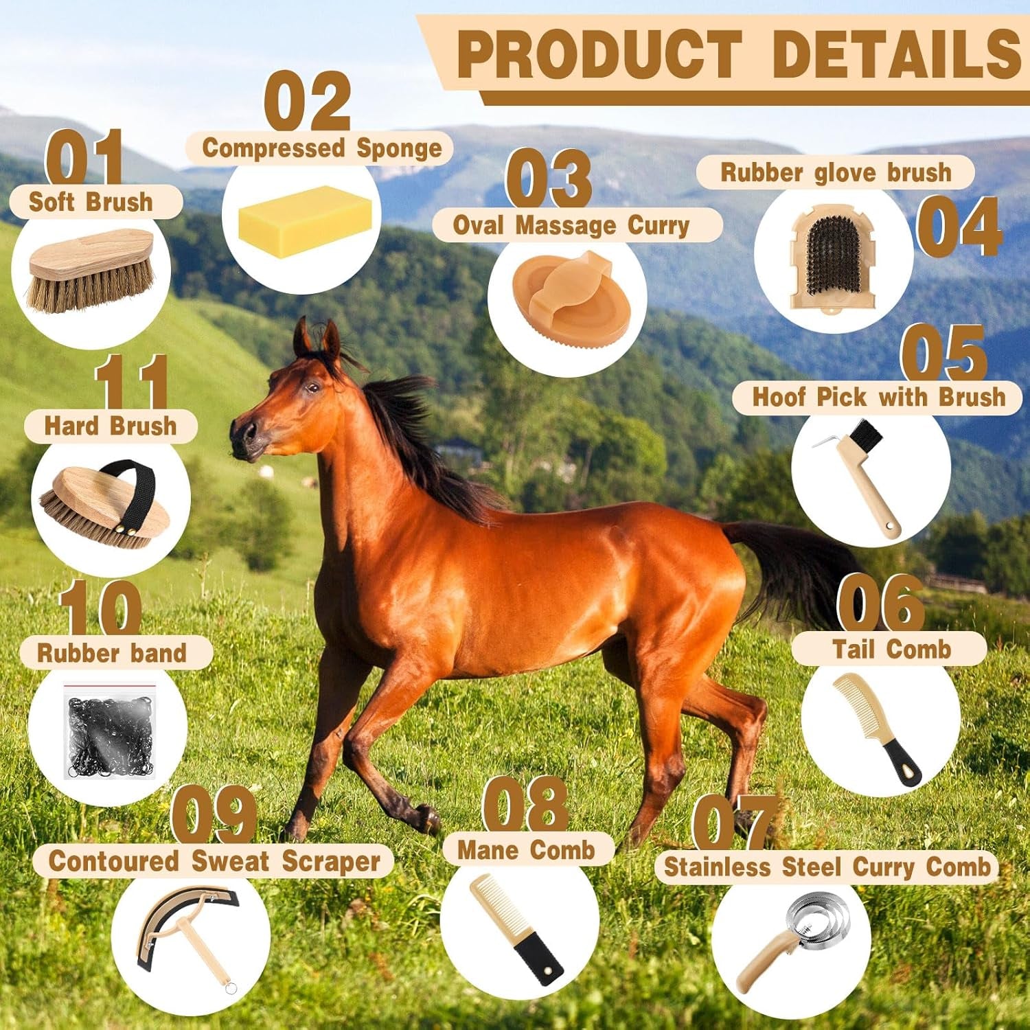 12 Pieces Horse Grooming Kit Tack Room Supplies Horse Brush Sets Equine Care Hor