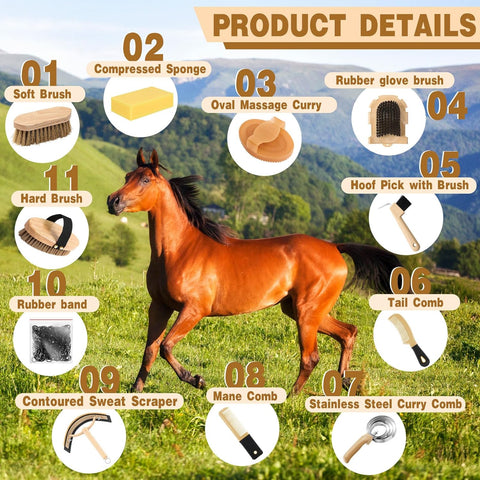 12 Pieces Horse Grooming Kit Tack Room Supplies Horse Brush Sets Equine Care Hor