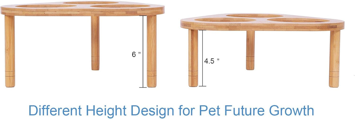 Raised Cat Bowls with Stand Feeder, Elevated Bamboo Stand with 3 Ceramics Bowls, anti Slip and Removable Feet. (Ceramic Bowls)