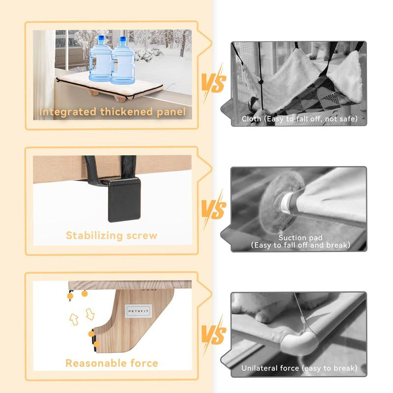 [Cozy Cat Hammock] PETSFIT Window Seat with Wood Base & Soft Mat | Supports Large Cats | Fits Windowsill/Bedside/Drawer