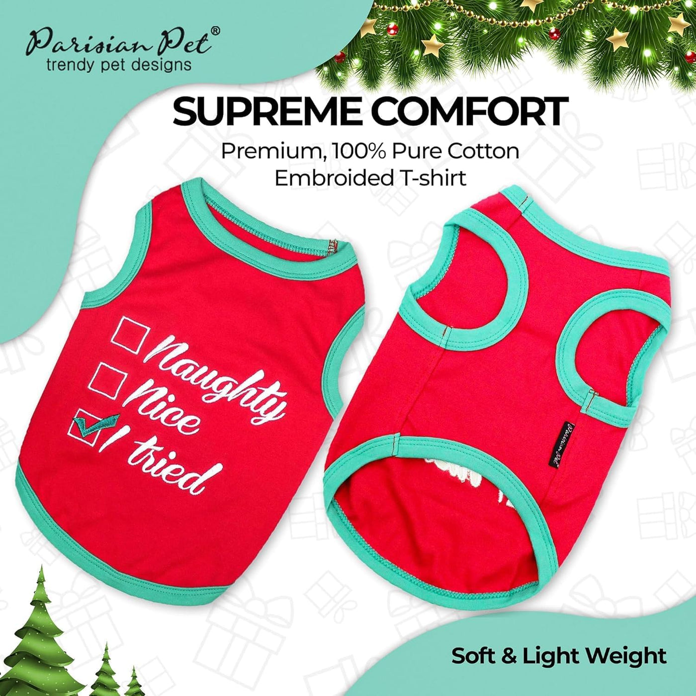 Embroidered 'Naughty or Nice' Dog Shirt - Lightweight Cotton, Sleeveless, Funny Christmas Dog Clothes - XXL