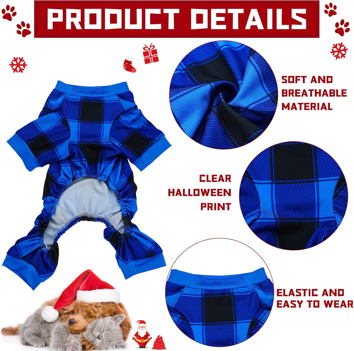3 Pieces Christmas Dog Pajamas Red Buffalo Plaid Jumpsuit Puppy Pet Pajamas Buffalo Check Cute Apparel for Small Medium Dog Cat Chihuahua Puppy Christmas Costume(Xl (Fit 9.9-12.2Lbs))