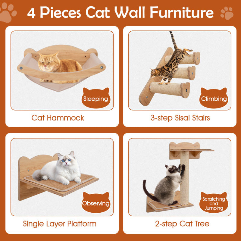 Cat Wall Furniture Set of 4 with Hammock 2-Step Cat Tree and Perch