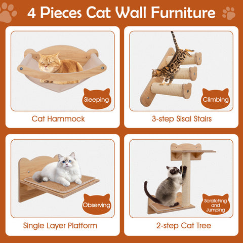 Cat Wall Furniture Set of 4 with Hammock 2-Step Cat Tree and Perch