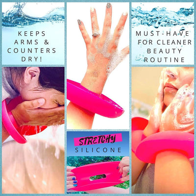 Patented Drip Catcher Cuffs - Stops Soap & Water from Running down Arms While Washing Face, Stay Dry and Clean - Face Wash Wristbands for Spa, Pink Set of 2