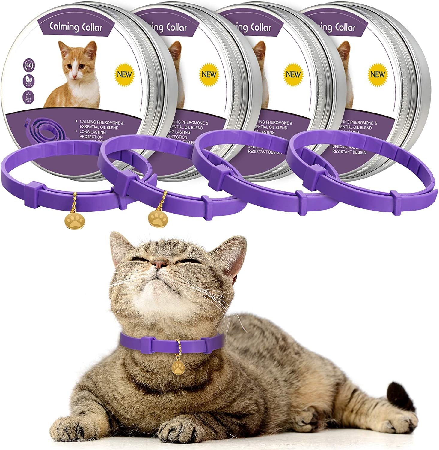 4 Pcs Cat Calming Collar Adjustable Lavender Scent Relaxing Cat Collar with 2 Pendant for Puppies Reduce Stress Aggression Anxious, up to 15 Inches(Purple, Gold)