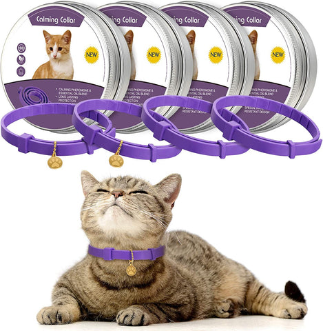 4 Pcs Cat Calming Collar Adjustable Lavender Scent Relaxing Cat Collar with 2 Pendant for Puppies Reduce Stress Aggression Anxious, up to 15 Inches(Purple, Gold)