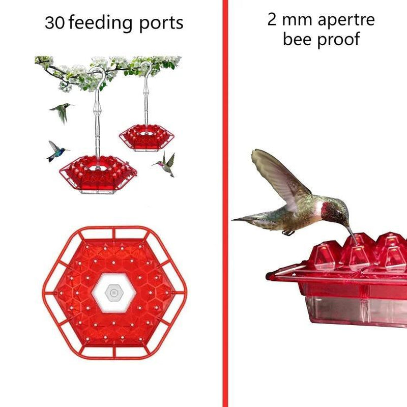 Hanging Outdoor Hummingbird Feeder - Red Hexagonal Bird Drinking Artifact with 30 Feeding Ports, Sealed & Leak-Proof, Easy to Assemble