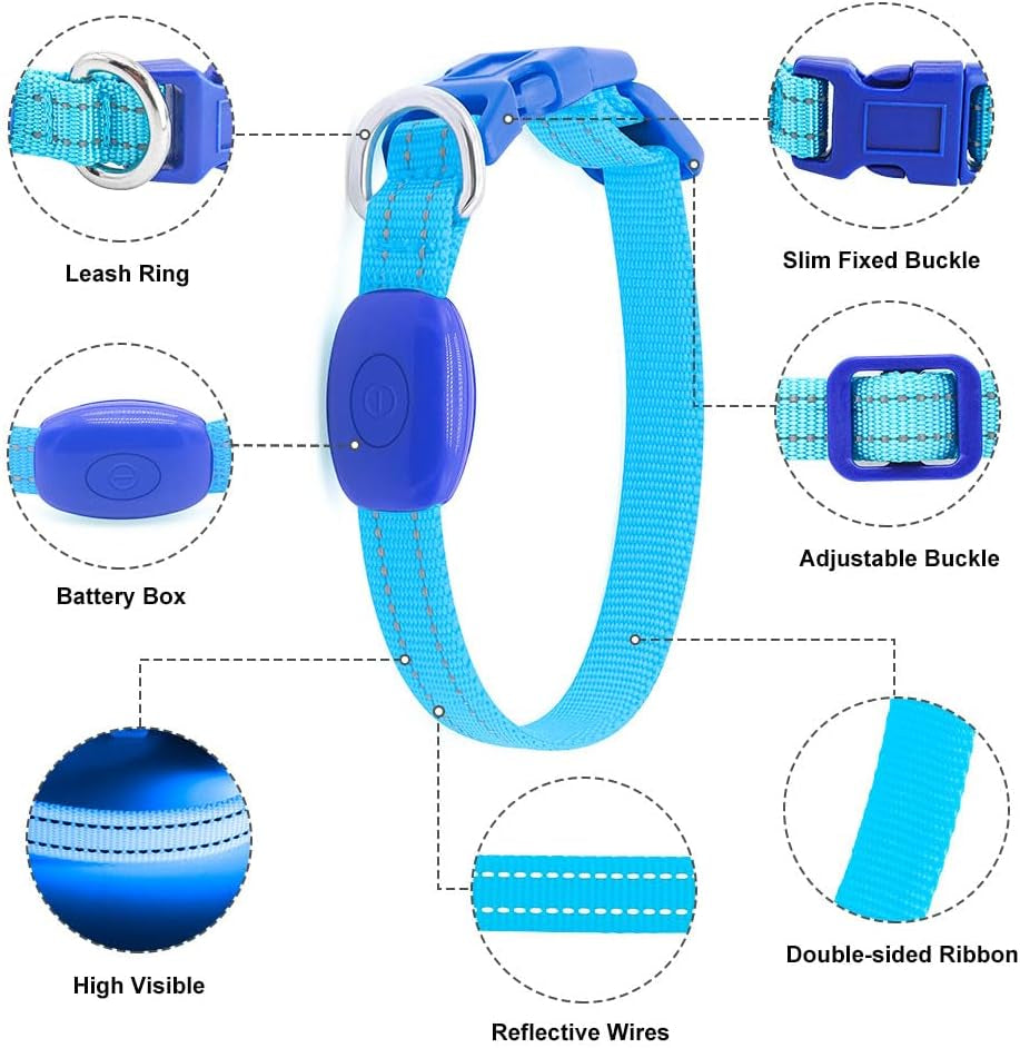 Light up Dog Collars Rechargeable Puppy Collar Lighted Cat Collar Glow in the Dark Dog Lights for Small Dogs & Cats (X-Small, Blue)