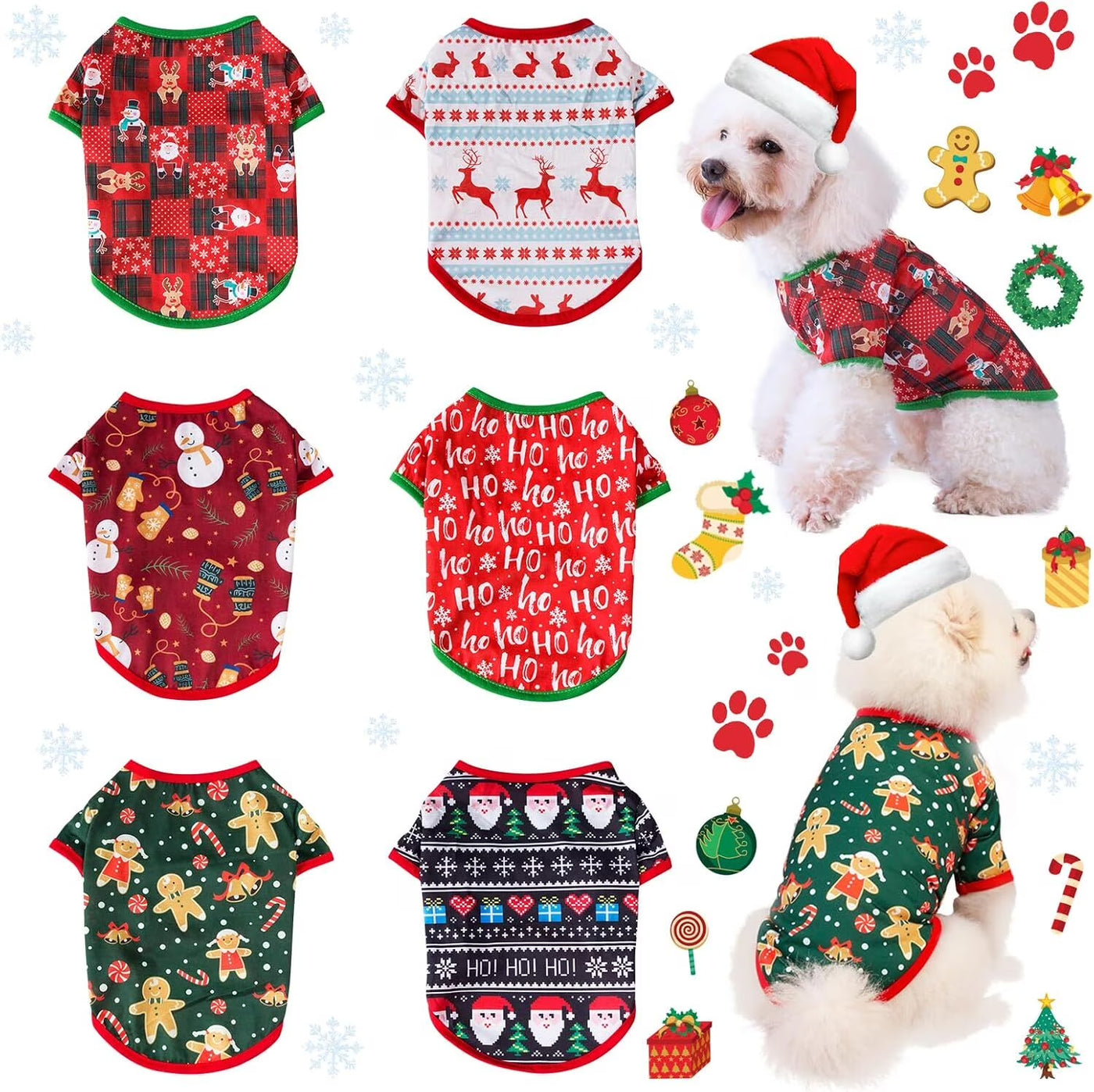 6 Pieces Christmas Dog Clothes for Small Dogs, Soft and Breathable Pet Shirt, Winter Puppy Kitten Vest Printed Dog Shirts, Christmas Snowman Santa Claus Reindeer Dog T-Shirts for Pet Dogs Cats