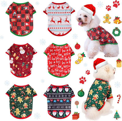 6 Pieces Christmas Dog Clothes for Small Dogs, Soft and Breathable Pet Shirt, Winter Puppy Kitten Vest Printed Dog Shirts, Christmas Snowman Santa Claus Reindeer Dog T-Shirts for Pet Dogs Cats