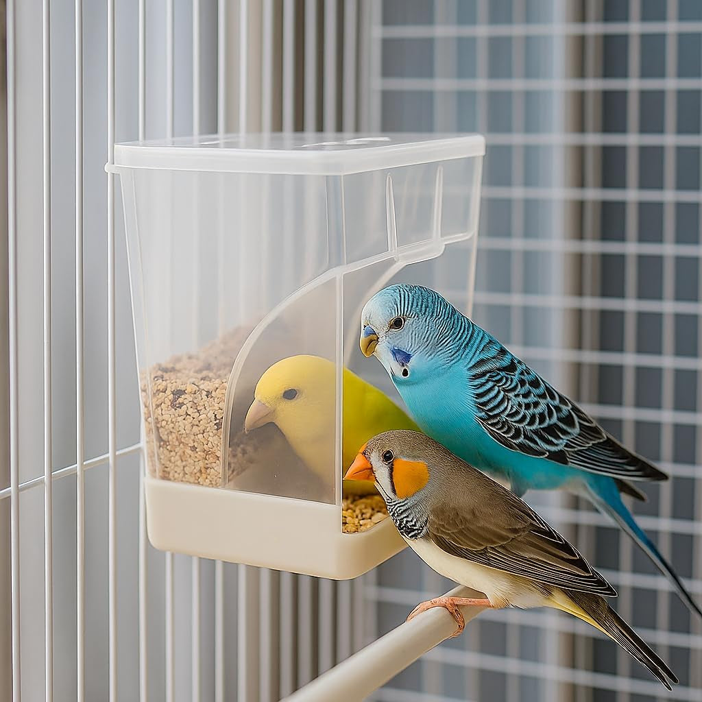 No Mess Bird Feeder for Cage, Automatic Acrylic Seed Container with Large Hook, Install-Free Parrot Feeder for Budgerigar, Canary, Cockatiel, Parakeet, Finch