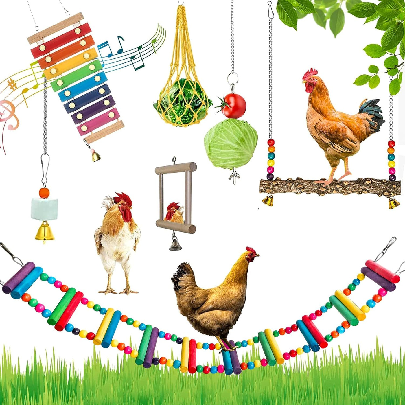 7 Packs Chicken Toys Set, Chicken Xylophone Toys for Hens, Chicken Bridge Swing Toys, Chicken Mirror Toys,Chicken Pecking Toys and Vegetable Hanging Feeder for Chicken Coop