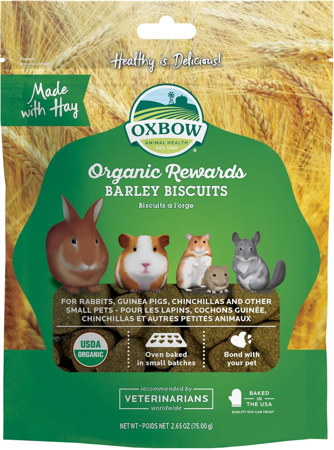 Animal Health Simple Rewards Barley Biscuit Treats, Barley Guinea Pig & Bunny Treats, Pet Snack for Rabbit, Carrot, Apple, Made with  Guinea Pig Hay, Alfalfa for Rabbit, 2.65 Oz Bag