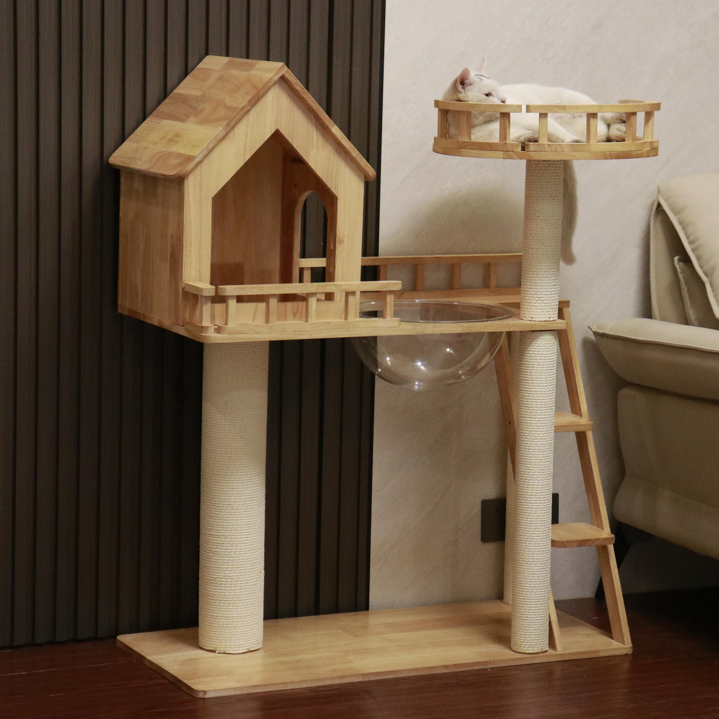 Cat Castle,Luxury Cat Furniture,Rubberwood Cat Tree, Cat Tower 34.6''*15.7''*42''