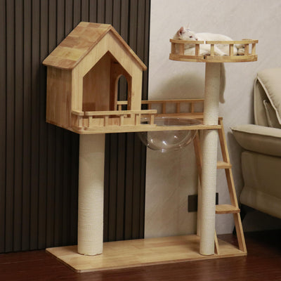 Cat Castle,Luxury Cat Furniture,Rubberwood Cat Tree, Cat Tower 34.6''*15.7''*42''